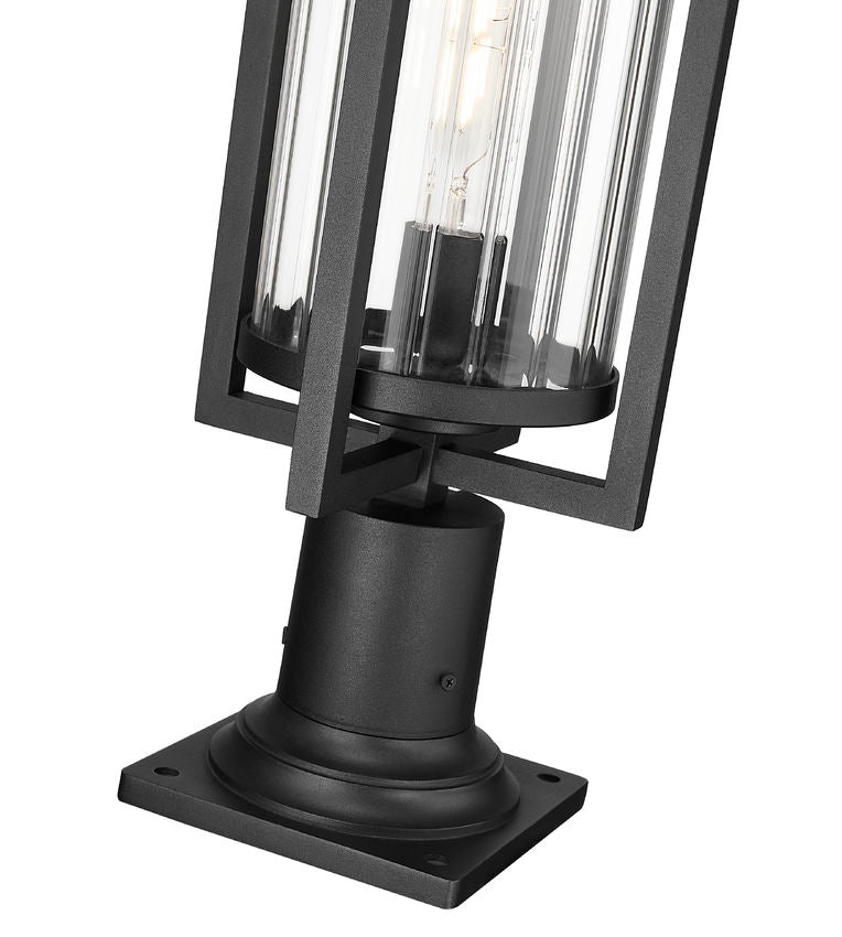 Z-Lite Aura 8" W x 28" H 1-Light Black Aluminum Outdoor Pier Mounted Fixture With Clear Ribbed Glass Shade