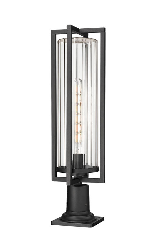 Z-Lite Aura 8" W x 28" H 1-Light Black Aluminum Outdoor Pier Mounted Fixture With Clear Ribbed Glass Shade