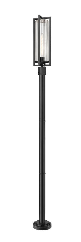 Z-Lite Aura 9" W x 100" H 1-Light Black Aluminum Outdoor Post Mounted Fixture With Clear Ribbed Glass Shade