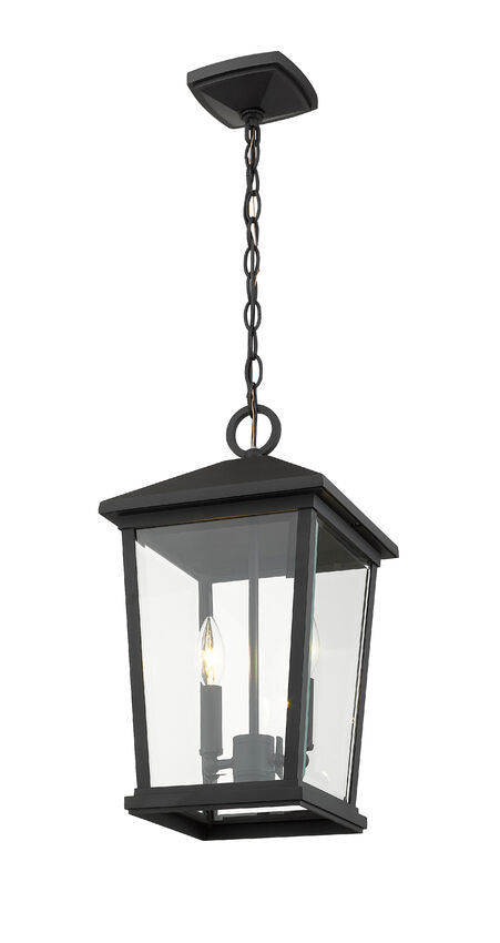 Z-Lite Beacon 10" 2-Light Black Aluminum Outdoor Chain Mount Ceiling Fixture With Clear Beveled Glass Shade