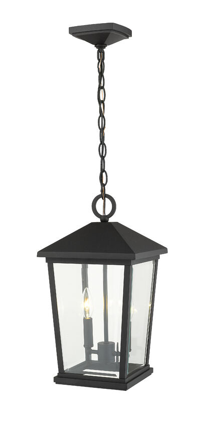Z-Lite Beacon 10" 2-Light Black Aluminum Outdoor Chain Mount Ceiling Fixture With Clear Beveled Glass Shade