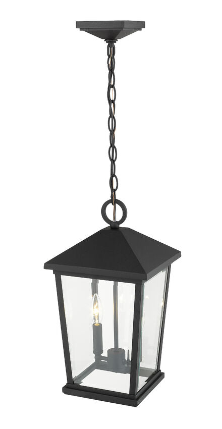 Z-Lite Beacon 10" 2-Light Black Aluminum Outdoor Chain Mount Ceiling Fixture With Clear Beveled Glass Shade