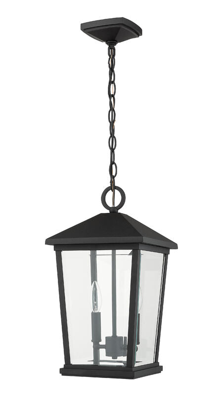 Z-Lite Beacon 10" 2-Light Black Aluminum Outdoor Chain Mount Ceiling Fixture With Clear Beveled Glass Shade
