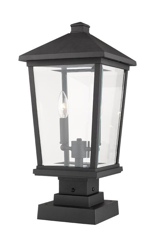 Z-Lite Beacon 10" 2-Light Black Outdoor Post Mount Fixture and Square Pier Mount With Clear Beveled Glass Shade