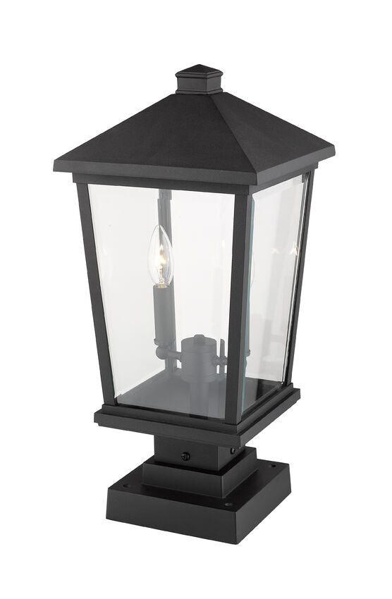 Z-Lite Beacon 10" 2-Light Black Outdoor Post Mount Fixture and Square Pier Mount With Clear Beveled Glass Shade