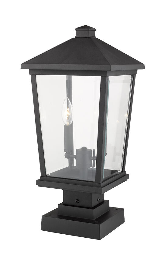 Z-Lite Beacon 10" 2-Light Black Outdoor Post Mount Fixture and Square Pier Mount With Clear Beveled Glass Shade