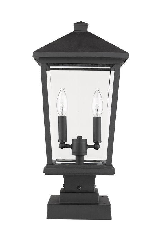 Z-Lite Beacon 10" 2-Light Black Outdoor Post Mount Fixture and Square Pier Mount With Clear Beveled Glass Shade