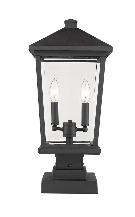 Z-Lite Beacon 10" 2-Light Black Outdoor Post Mount Fixture and Square Pier Mount With Clear Beveled Glass Shade