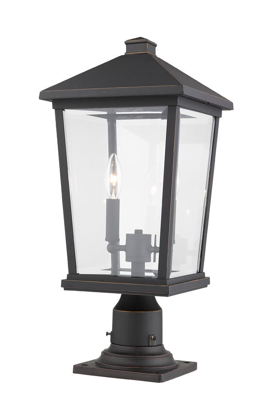 Z-Lite Beacon 10" W x 22" H 2-Light Oil Rubbed Bronze Outdoor Post Mount Fixture and Square Pier Mount With Clear Beveled Glass Shade