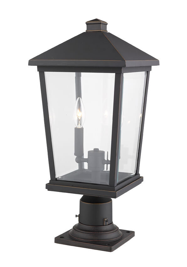 Z-Lite Beacon 10" W x 22" H 2-Light Oil Rubbed Bronze Outdoor Post Mount Fixture and Square Pier Mount With Clear Beveled Glass Shade