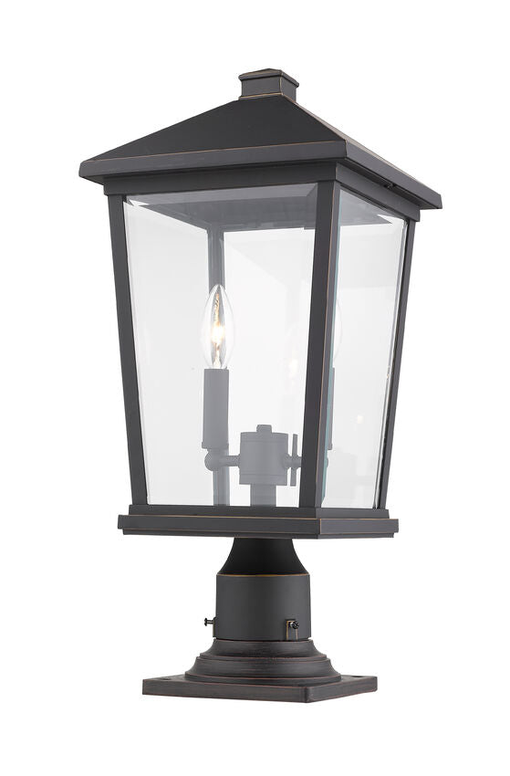 Z-Lite Beacon 10" W x 22" H 2-Light Oil Rubbed Bronze Outdoor Post Mount Fixture and Square Pier Mount With Clear Beveled Glass Shade