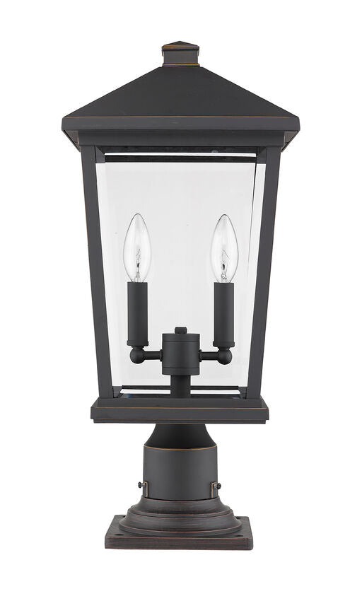 Z-Lite Beacon 10" W x 22" H 2-Light Oil Rubbed Bronze Outdoor Post Mount Fixture and Square Pier Mount With Clear Beveled Glass Shade