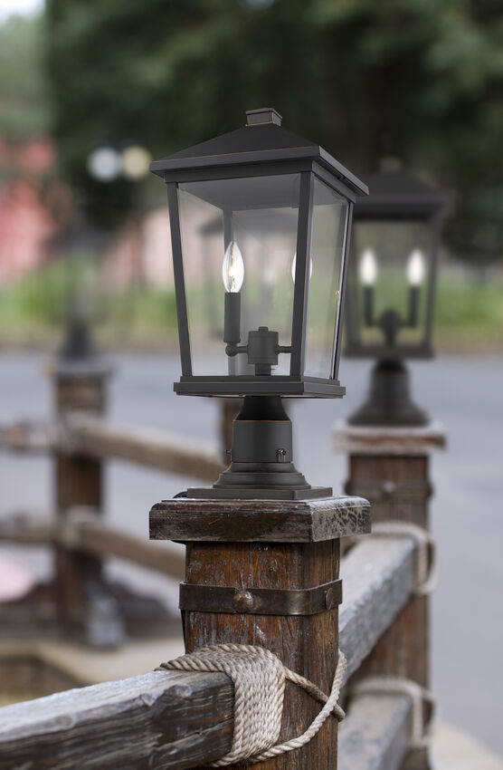Z-Lite Beacon 10" W x 22" H 2-Light Oil Rubbed Bronze Outdoor Post Mount Fixture and Square Pier Mount With Clear Beveled Glass Shade