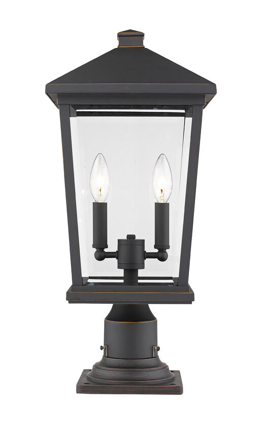 Z-Lite Beacon 10" W x 22" H 2-Light Oil Rubbed Bronze Outdoor Post Mount Fixture and Square Pier Mount With Clear Beveled Glass Shade