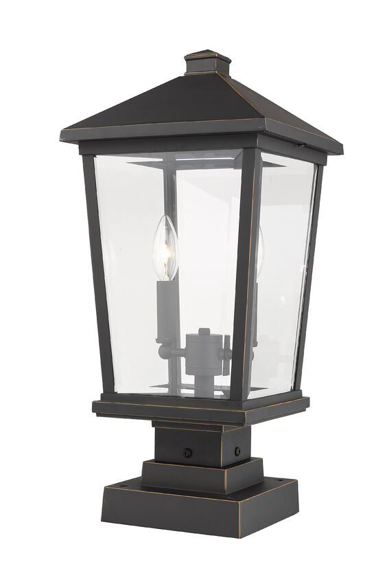 Z-Lite Beacon 12" 2-Light Oil Rubbed Bronze Outdoor Post Mount Fixture and Square Pier Mount With Clear Beveled Glass Shade