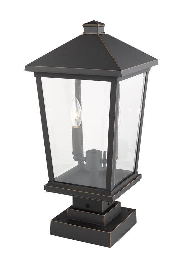 Z-Lite Beacon 12" 2-Light Oil Rubbed Bronze Outdoor Post Mount Fixture and Square Pier Mount With Clear Beveled Glass Shade