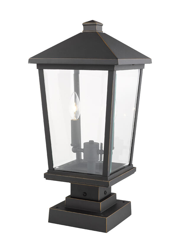 Z-Lite Beacon 12" 2-Light Oil Rubbed Bronze Outdoor Post Mount Fixture and Square Pier Mount With Clear Beveled Glass Shade