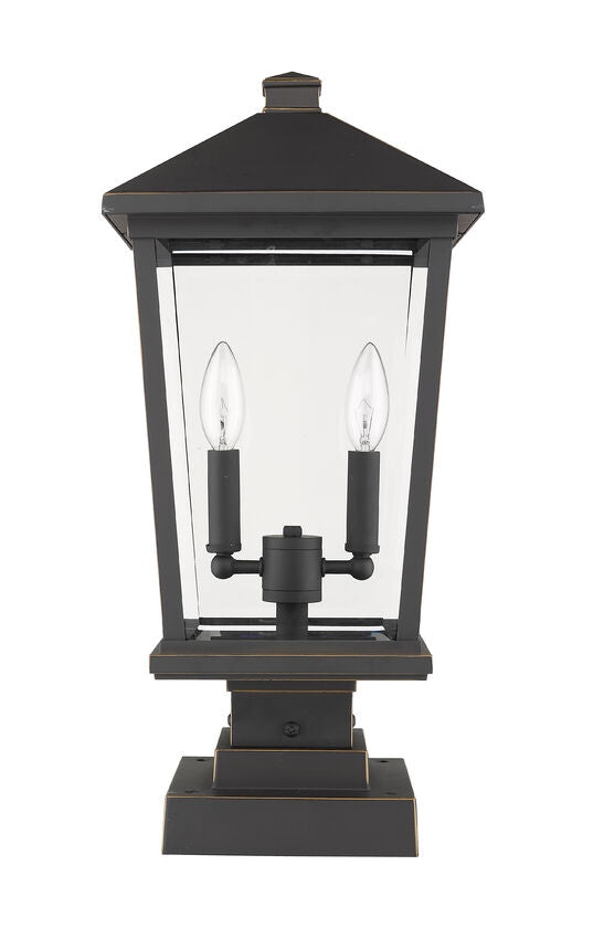 Z-Lite Beacon 12" 2-Light Oil Rubbed Bronze Outdoor Post Mount Fixture and Square Pier Mount With Clear Beveled Glass Shade