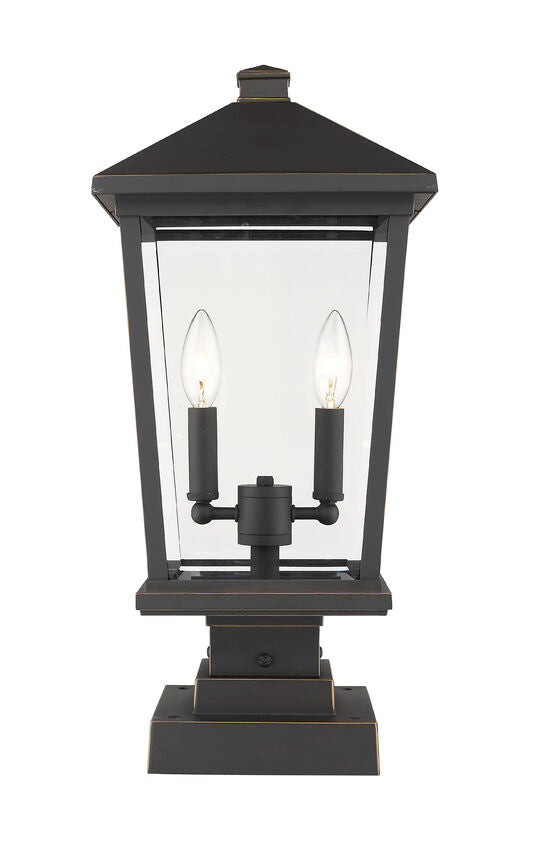 Z-Lite Beacon 12" 2-Light Oil Rubbed Bronze Outdoor Post Mount Fixture and Square Pier Mount With Clear Beveled Glass Shade