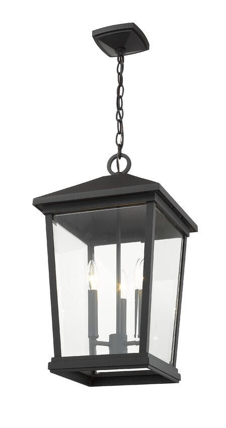 Z-Lite Beacon 12" 3-Light Black Aluminum Outdoor Chain Mount Ceiling Fixture With Clear Beveled Glass Shade
