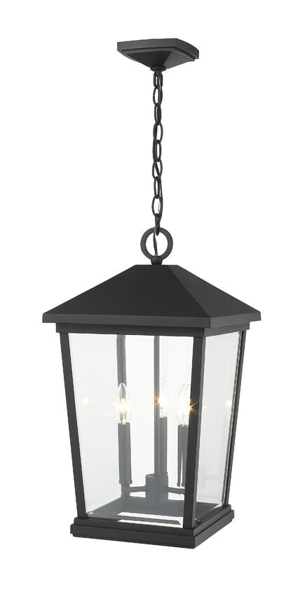 Z-Lite Beacon 12" 3-Light Black Aluminum Outdoor Chain Mount Ceiling Fixture With Clear Beveled Glass Shade