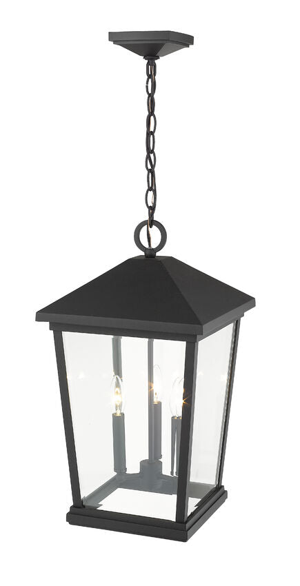 Z-Lite Beacon 12" 3-Light Black Aluminum Outdoor Chain Mount Ceiling Fixture With Clear Beveled Glass Shade