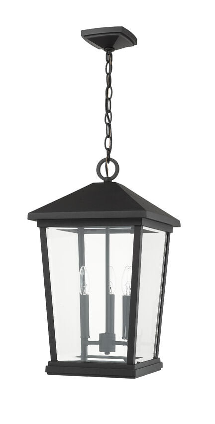 Z-Lite Beacon 12" 3-Light Black Aluminum Outdoor Chain Mount Ceiling Fixture With Clear Beveled Glass Shade