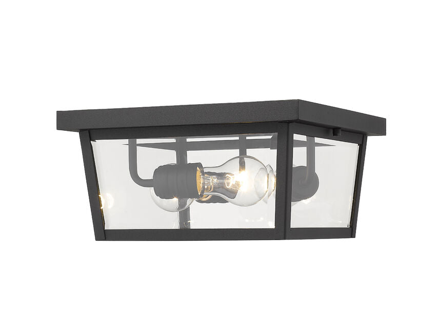 Z-Lite Beacon 12" 3-Light Black Aluminum Outdoor Flush Mount With Clear Beveled Glass Shade