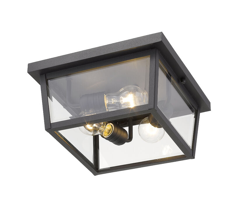 Z-Lite Beacon 12" 3-Light Black Aluminum Outdoor Flush Mount With Clear Beveled Glass Shade