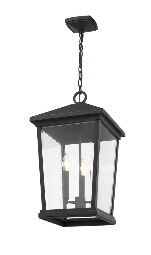Z-Lite Beacon 12" 3-Light Oil Rubbed Bronze Aluminum Outdoor Chain Mount Ceiling Fixture With Clear Beveled Glass Shade