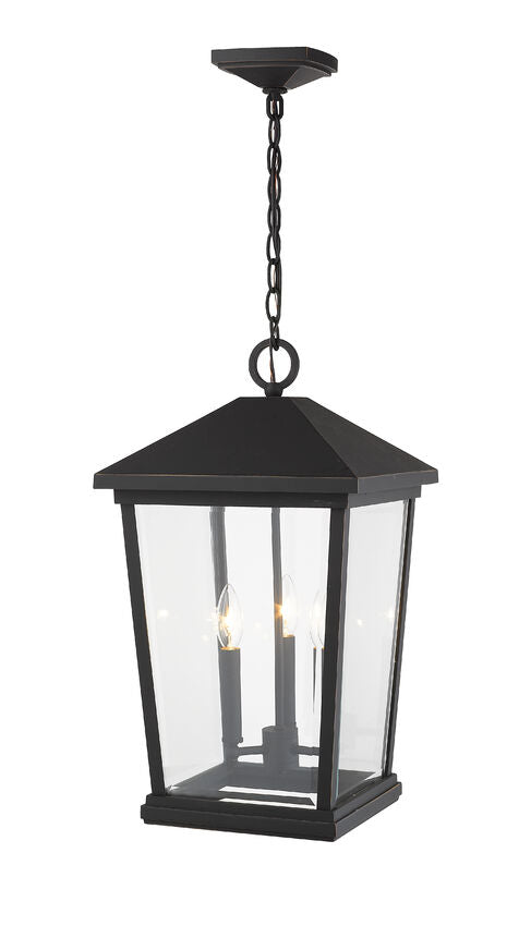 Z-Lite Beacon 12" 3-Light Oil Rubbed Bronze Aluminum Outdoor Chain Mount Ceiling Fixture With Clear Beveled Glass Shade
