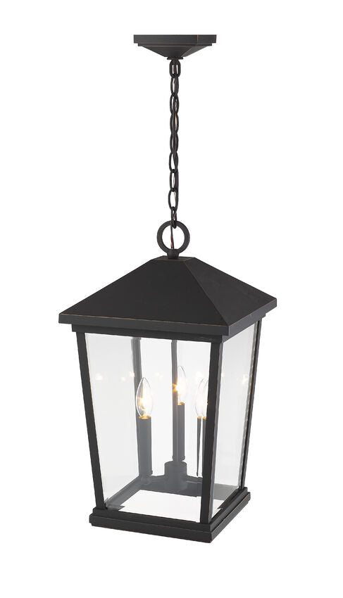 Z-Lite Beacon 12" 3-Light Oil Rubbed Bronze Aluminum Outdoor Chain Mount Ceiling Fixture With Clear Beveled Glass Shade