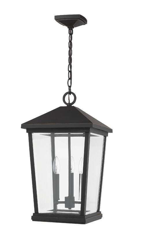 Z-Lite Beacon 12" 3-Light Oil Rubbed Bronze Aluminum Outdoor Chain Mount Ceiling Fixture With Clear Beveled Glass Shade