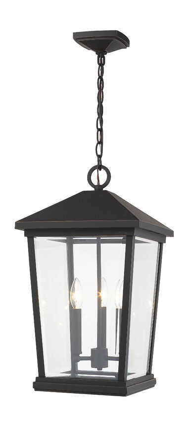 Z-Lite Beacon 12" 3-Light Oil Rubbed Bronze Aluminum Outdoor Chain Mount Ceiling Fixture With Clear Beveled Glass Shade