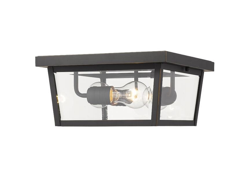 Z-Lite Beacon 12" 3-Light Oil Rubbed Bronze Aluminum Outdoor Flush Mount With Clear Beveled Glass Shade