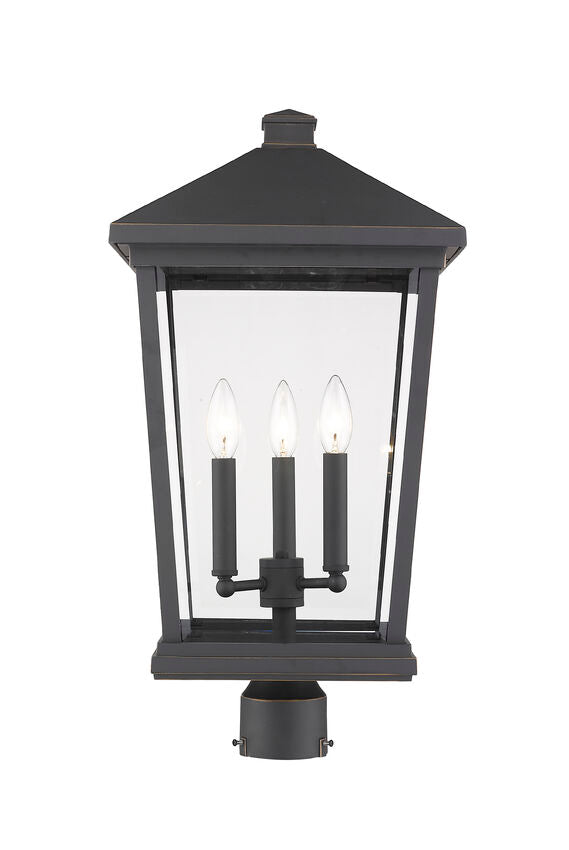 Z-Lite Beacon 12" W x 24" H 3-Light Oil Rubbed Bronze Outdoor Post Mount Fixture With Clear Beveled Glass Shade
