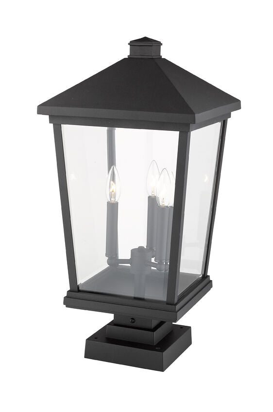 Z-Lite Beacon 12" W x 25" H 3-Light Black Outdoor Post Mount Fixture and Square Pier Mount With Clear Beveled Glass Shade