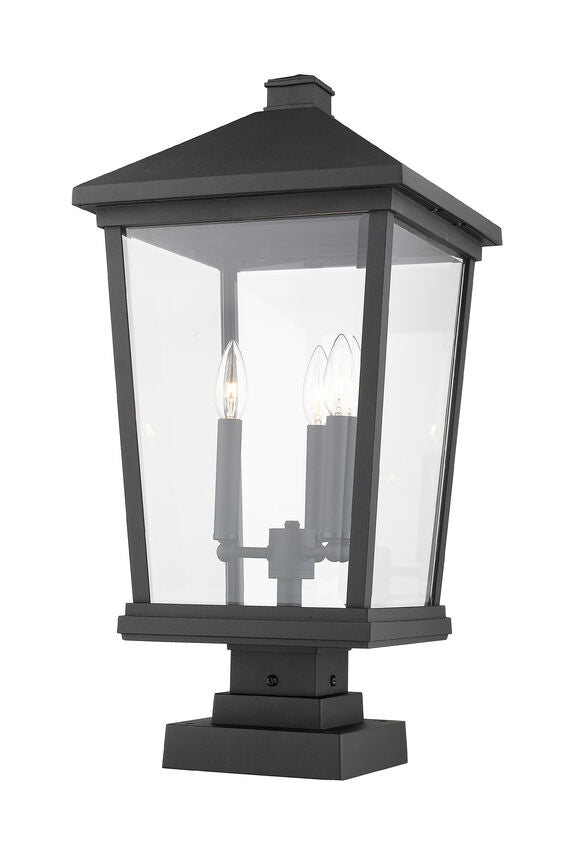 Z-Lite Beacon 12" W x 25" H 3-Light Black Outdoor Post Mount Fixture and Square Pier Mount With Clear Beveled Glass Shade