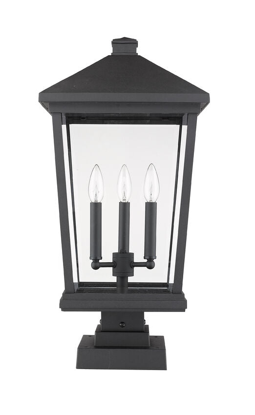 Z-Lite Beacon 12" W x 25" H 3-Light Black Outdoor Post Mount Fixture and Square Pier Mount With Clear Beveled Glass Shade