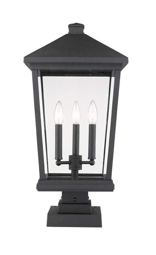 Z-Lite Beacon 12" W x 25" H 3-Light Black Outdoor Post Mount Fixture and Square Pier Mount With Clear Beveled Glass Shade