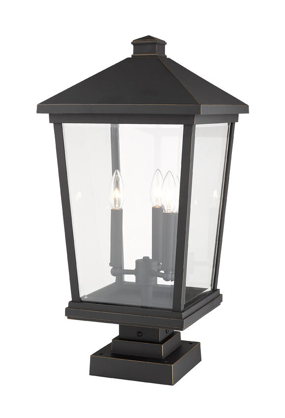Z-Lite Beacon 12" W x 25" H 3-Light Oil Rubbed Bronze Outdoor Post Mount Fixture and Square Pier Mount With Clear Beveled Glass Shade