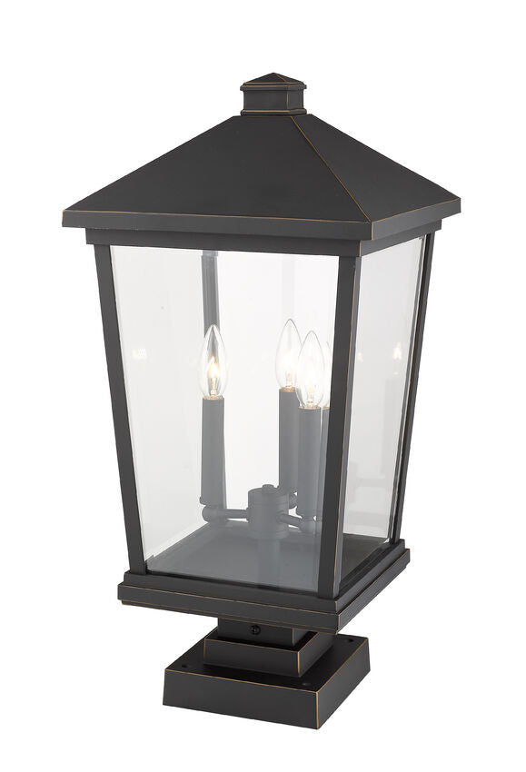 Z-Lite Beacon 12" W x 25" H 3-Light Oil Rubbed Bronze Outdoor Post Mount Fixture and Square Pier Mount With Clear Beveled Glass Shade