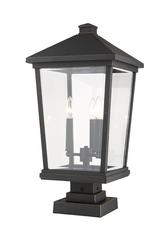 Z-Lite Beacon 12" W x 25" H 3-Light Oil Rubbed Bronze Outdoor Post Mount Fixture and Square Pier Mount With Clear Beveled Glass Shade