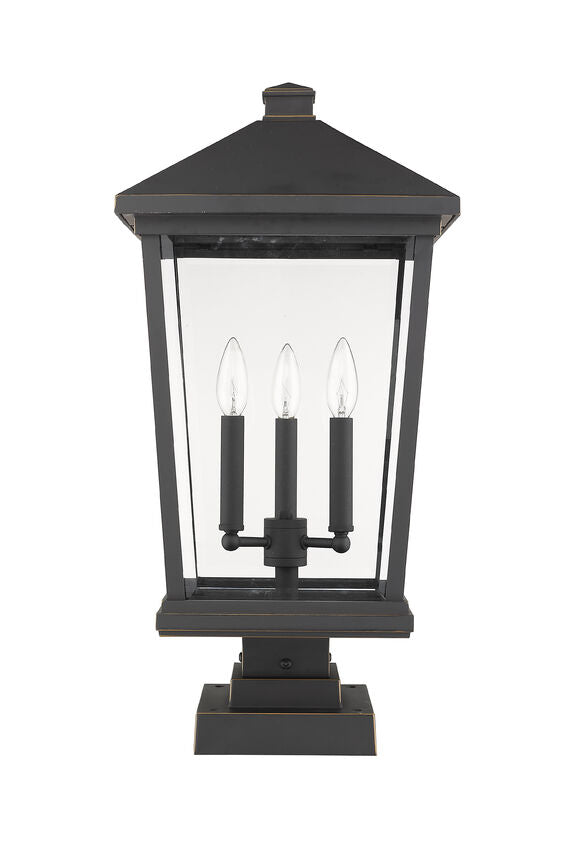 Z-Lite Beacon 12" W x 25" H 3-Light Oil Rubbed Bronze Outdoor Post Mount Fixture and Square Pier Mount With Clear Beveled Glass Shade