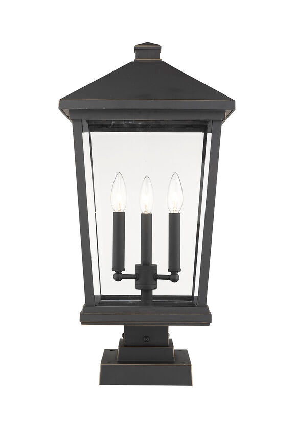 Z-Lite Beacon 12" W x 25" H 3-Light Oil Rubbed Bronze Outdoor Post Mount Fixture and Square Pier Mount With Clear Beveled Glass Shade