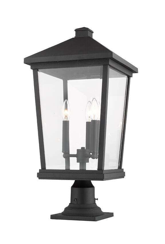 Z-Lite Beacon 12" W x 26" H 3-Light Black Outdoor Post Mount Fixture and Square Pier Mount With Clear Beveled Glass Shade