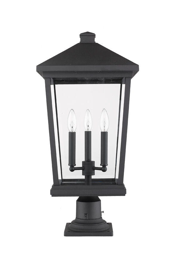 Z-Lite Beacon 12" W x 26" H 3-Light Black Outdoor Post Mount Fixture and Square Pier Mount With Clear Beveled Glass Shade