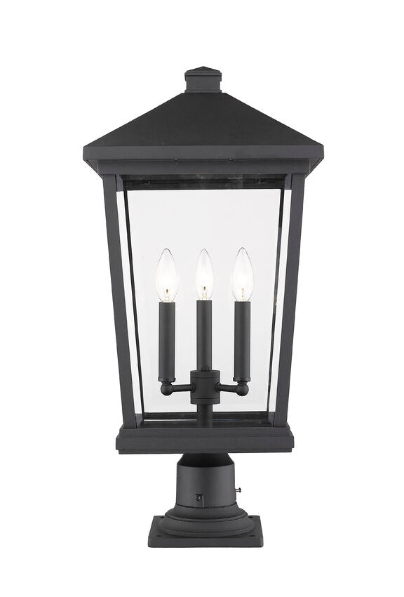 Z-Lite Beacon 12" W x 26" H 3-Light Black Outdoor Post Mount Fixture and Square Pier Mount With Clear Beveled Glass Shade