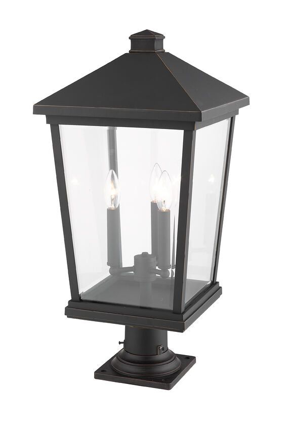 Z-Lite Beacon 12" W x 26" H 3-Light Oil Rubbed Bronze Outdoor Post Mount Fixture and Square Pier Mount With Clear Beveled Glass Shade