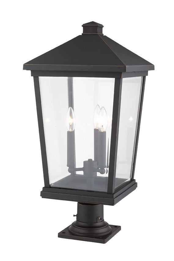 Z-Lite Beacon 12" W x 26" H 3-Light Oil Rubbed Bronze Outdoor Post Mount Fixture and Square Pier Mount With Clear Beveled Glass Shade